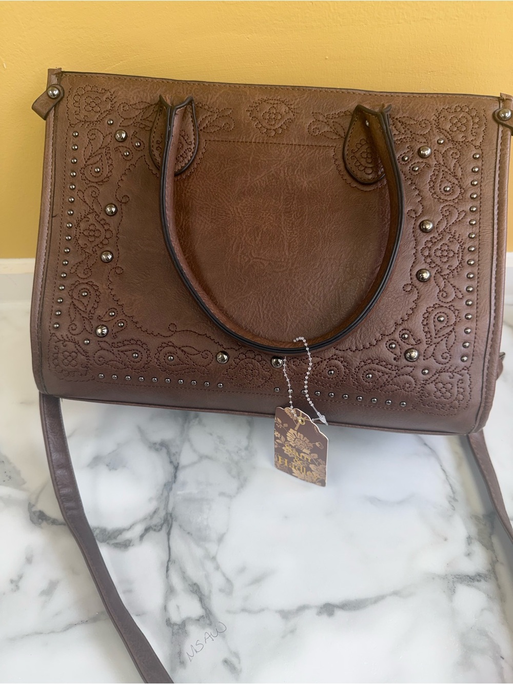 Brown Embossed Leather Tote Bag with Stud Accents
